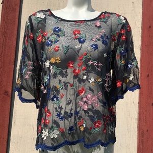 Anthropologie Maeve Embroidery Mesh Top